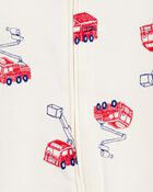 Baby Boy Fire Truck Print 2-Way Zip Cotton Sleeper Pyjamas - Cream, image 2 of 3 slides