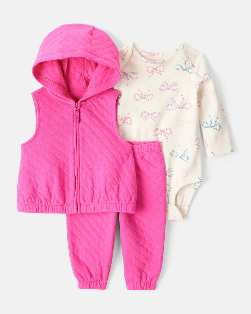Baby Girl 3-Piece Bow Print Bodysuit, Jacket & Pant Set - Pink, image 1 of 3 slides
