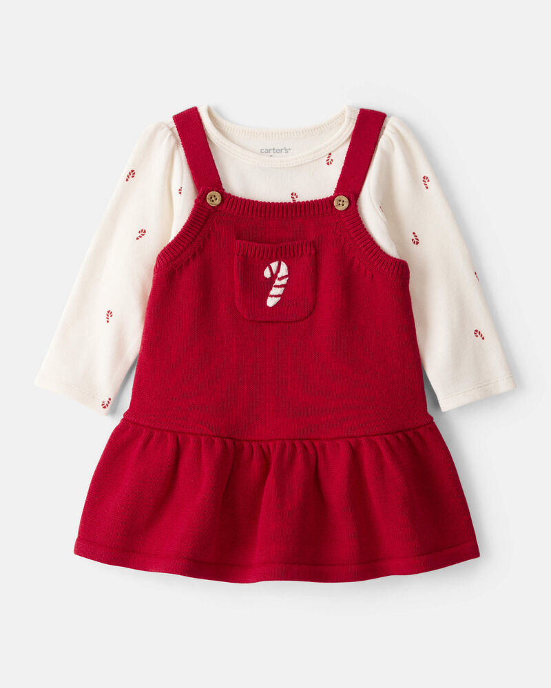 Baby Girl 2-Piece Candy Cane Print Long-Sleeve Top & Dress Set - Red, image 1 of 8 slides