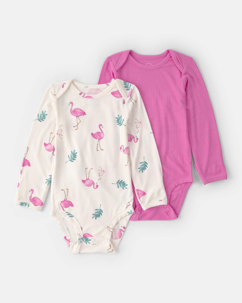 Baby Girl 2-Pack Flamingo PurelySoft Long-Sleeve Multipack Bodysuits - Pink/Ivory, image 1 of 7 slides