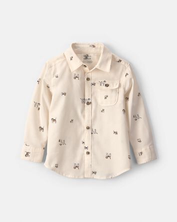 Chemise boutonn&eacute;e manches longues &agrave; motif chien pour tout-petit - Cr&egrave;me, 