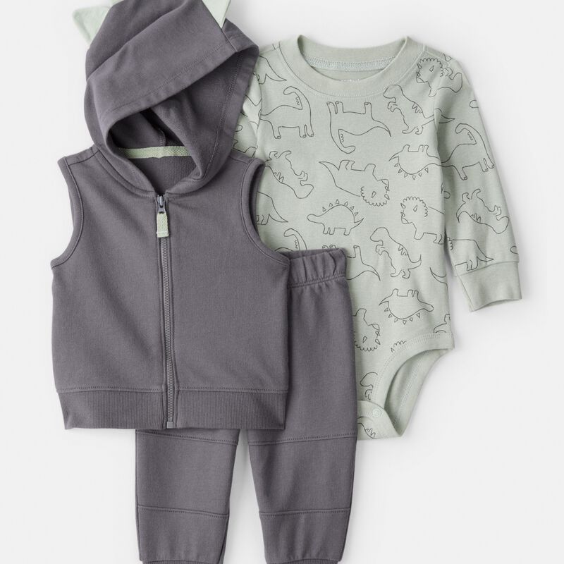 Baby Boy 3-Piece Dinosaur Vest Outfit Set - Grey | Carter’s Oshkosh Canada