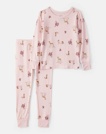 Tout-petit fille - Pyjamas 2 pièces à manches longues PurelySoft avec imprimé cerf et floral - Rose, 