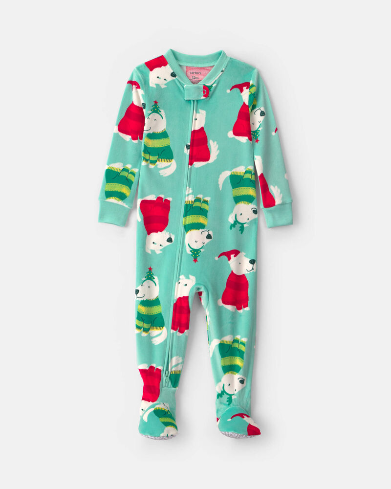 Baby 1-Piece Christmas Dogs 2-Way Zip DreamPlush Snug Fit Footed Pyjama - Green, image 1 of 5 slides
