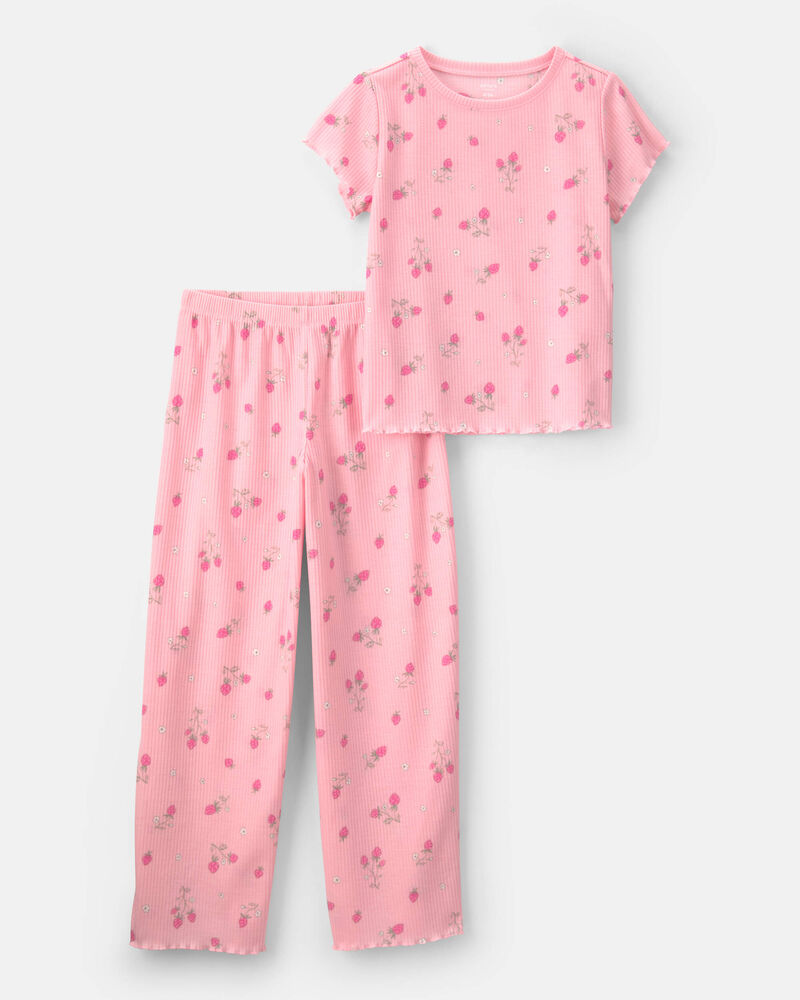 Girls Strawberry Rib Loose Fit 2-Piece Pyjama Set - Pink, image 1 of 5 slides