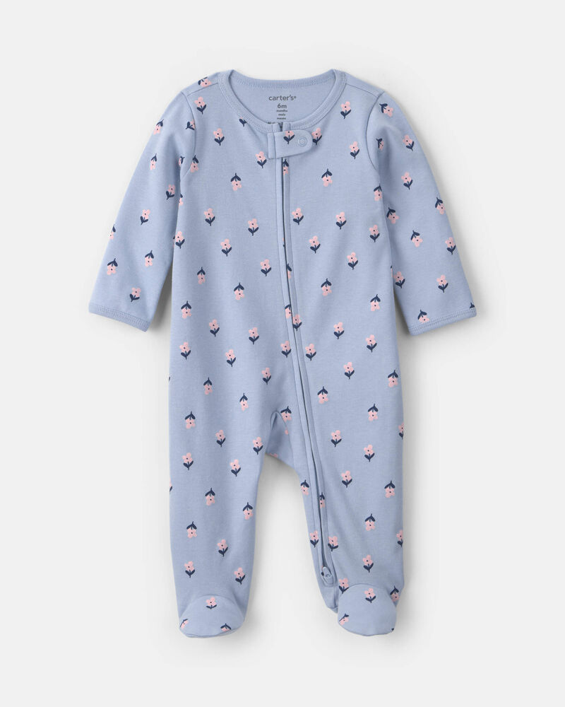 Baby Girl 2-Way Zip Flower & Butterfly Cotton Sleepers - Blue, image 1 of 6 slides