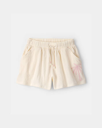 Girls Palm Tree Embroidered Gauze Shorts - Cream, 