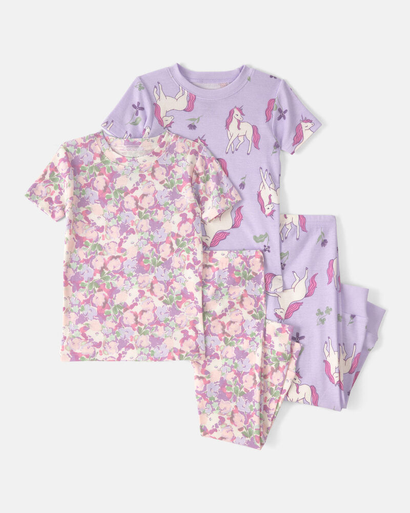 Baby Girl Unicorn Floral 100% Cotton Snug Fit 4-Piece Pyjama Set - Pink/Purple, image 1 of 4 slides