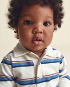 Baby Boy Striped French Terry Long-Sleeve Jumpsuit - Blue/Cream, image 3 of 6 slides