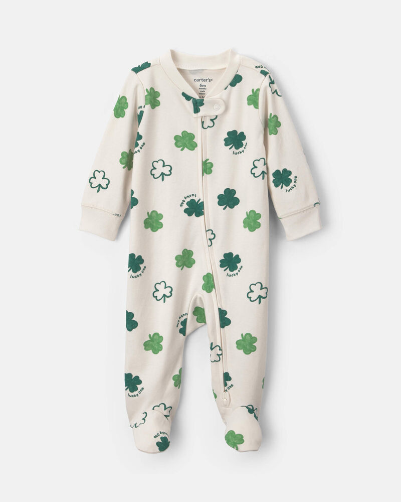 Baby 2-Way Zip St Patrick's Day Cotton Sleeper - Cream/Green, image 1 of 5 slides