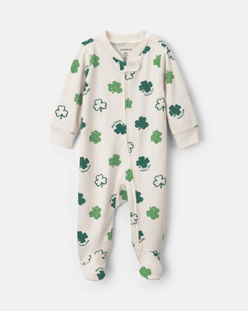 Baby 2-Way Zip St Patrick's Day Cotton Sleeper - Cream/Green, 
