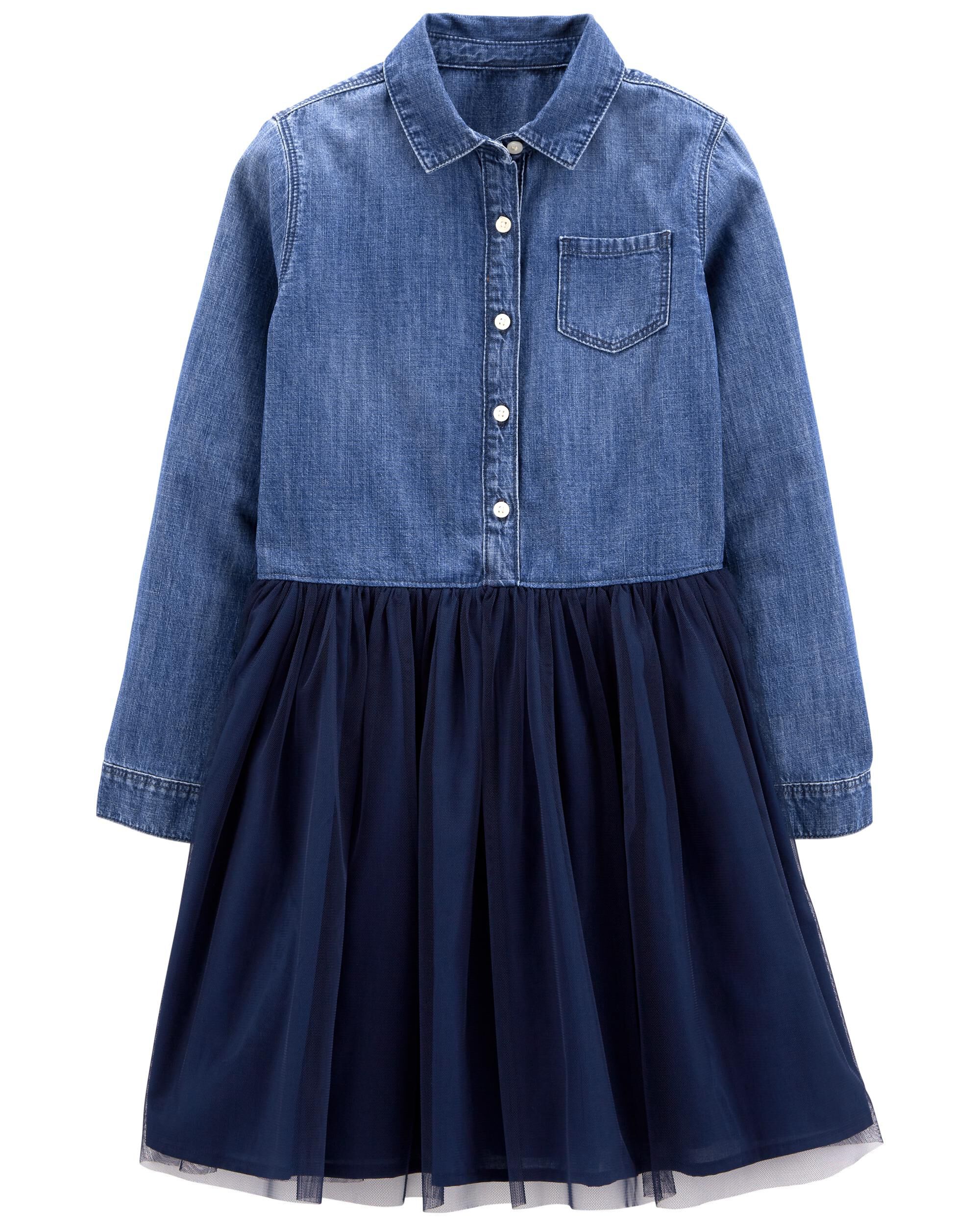 Denim Tulle Dress in Mosaic Blue