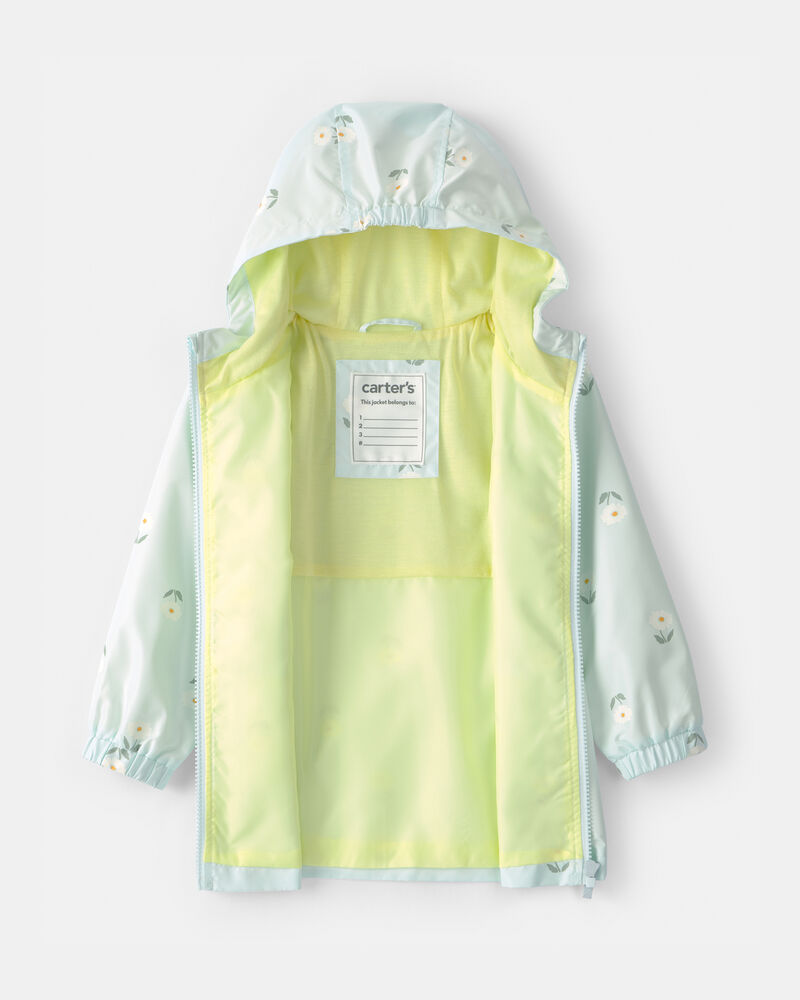 Toddler Girl Flowers Rain Jacket- Blue, image 2 of 3 slides