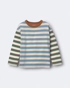 Toddler Long-Sleeve Relaxed Tee in Stripes - Blue/Olive, image 1 of 2 slides