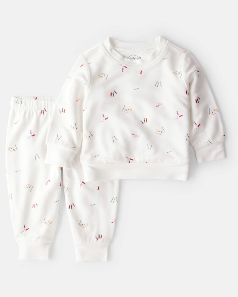 Baby Girl Paint Print PurelySoft Long-Sleeve Tee & Pant Set - White, image 1 of 6 slides