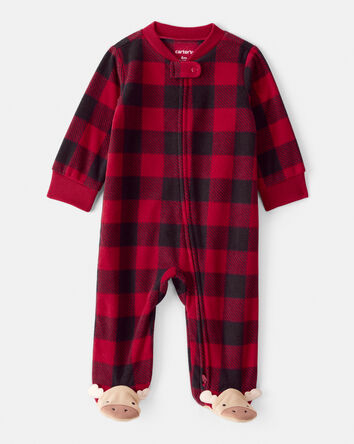 Baby Plaid Print Reindeer Christmas Loose Fit Long-Sleeve Sleeper - Red, 