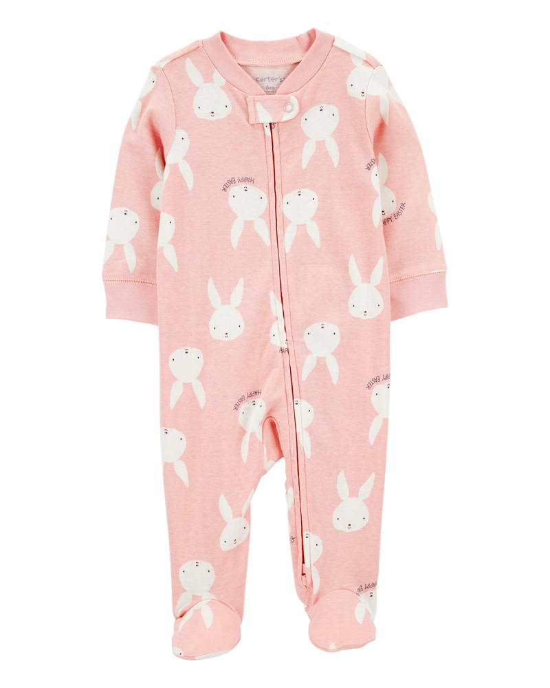 Baby Bunny 2-Way Zip Cotton Sleeper Pyjamas - Pink, image 1 of 3 slides