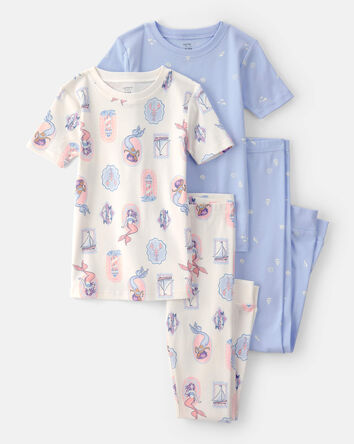 Girls Mermaid 100% Cotton Snug Fit 4-Piece Pyjama Set - Blue/Ivory, 