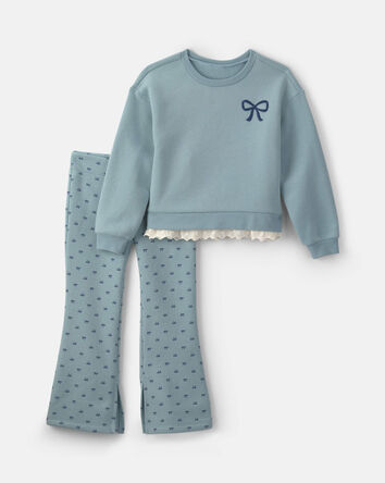 Girls 2-Piece Bow Fleece Pullover & Pant Set &ndash; Blue/Grey, 
