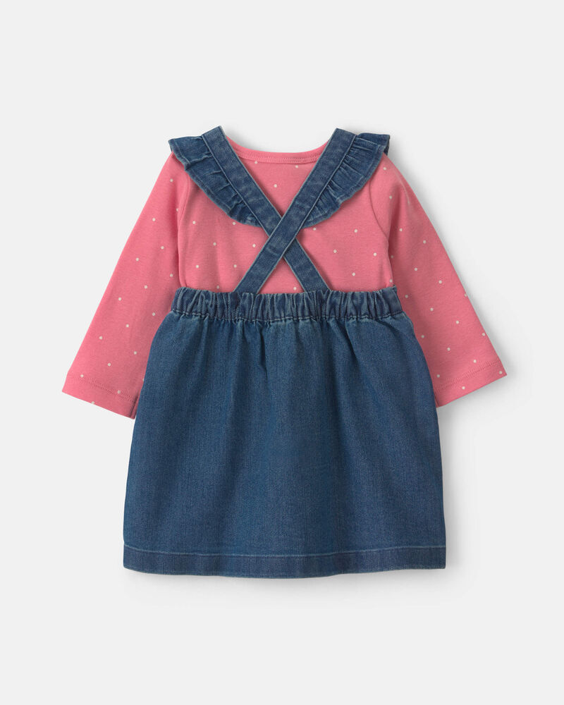 Baby Girl 3-Piece Polka Dot Chambray Long-Sleeve Dress Set - Pink/Indigo, image 2 of 6 slides