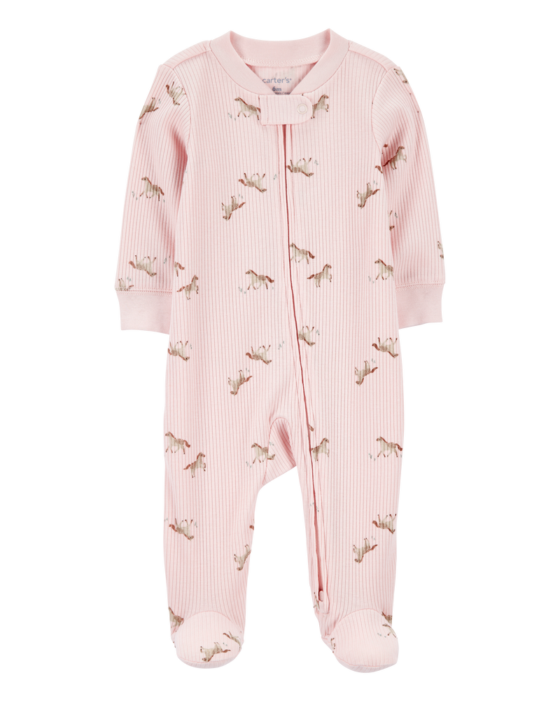 Baby Girl Horse Print 2-Way Zip Ribbed Sleeper pyjamas, image 1 of 3 slides