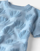 B&eacute;b&eacute; fille - Ensemble 2 pi&egrave;ces haut et short en tissu &eacute;ponge avec coton biologique &agrave; motif de coquillages bleus, image 3 sur 4 diapositives
