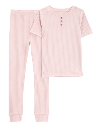 Kid Solid Ribbed Cotton Blend 2-Piece Pyjamas - Pink, 