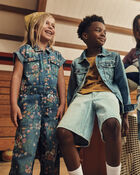 Girls Floral Denim Short-Sleeve Jumpsuit - Dark Wash, image 2 of 7 slides