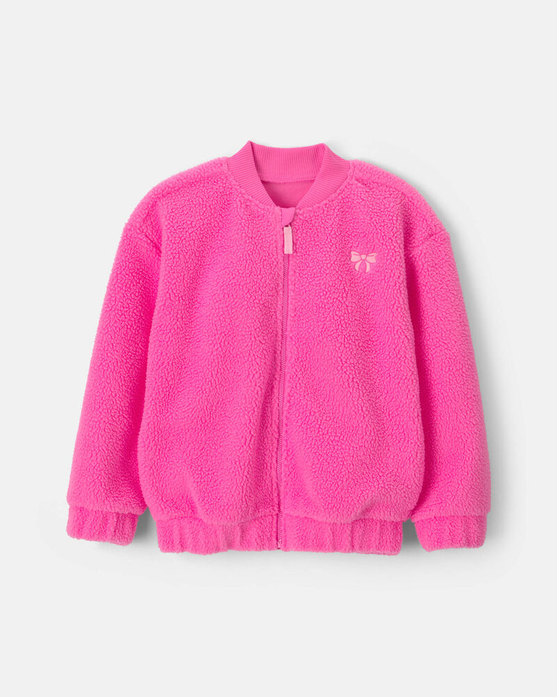 Girls Bow Teddy Microfleece Zip-Up Jacket - Pink, image 1 of 3 slides