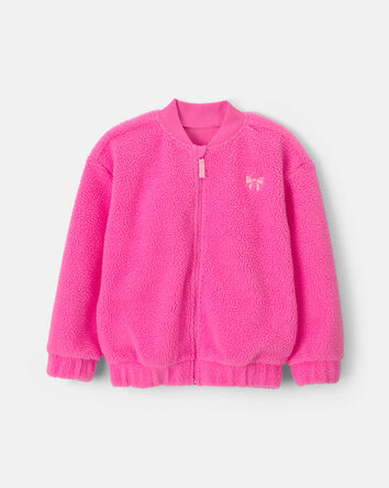 Girls Bow Teddy Microfleece Zip-Up Jacket - Pink, 