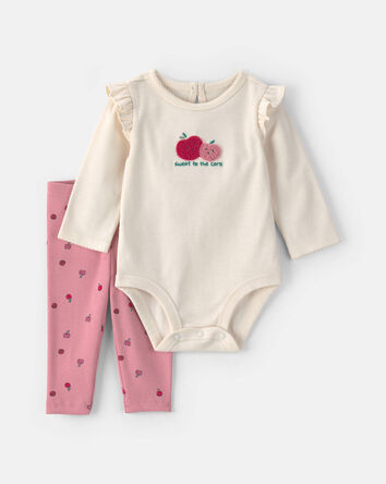 Baby Girl 2-Piece Apple Long-Sleeve Bodysuit & Pant Set - Cream/Pink, 