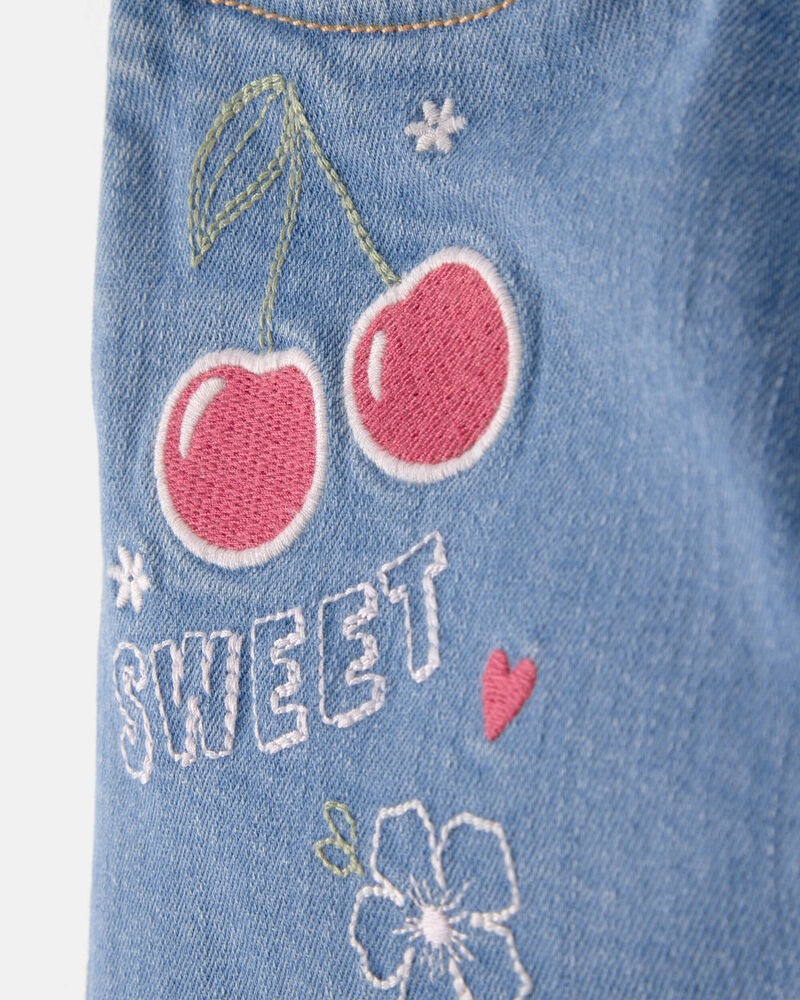 Girls Cherry Denim Embroidered Midi Shorts - Medium Wash, image 2 of 5 slides
