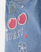 Girls Cherry Denim Embroidered Midi Shorts - Medium Wash, image 2 of 5 slides
