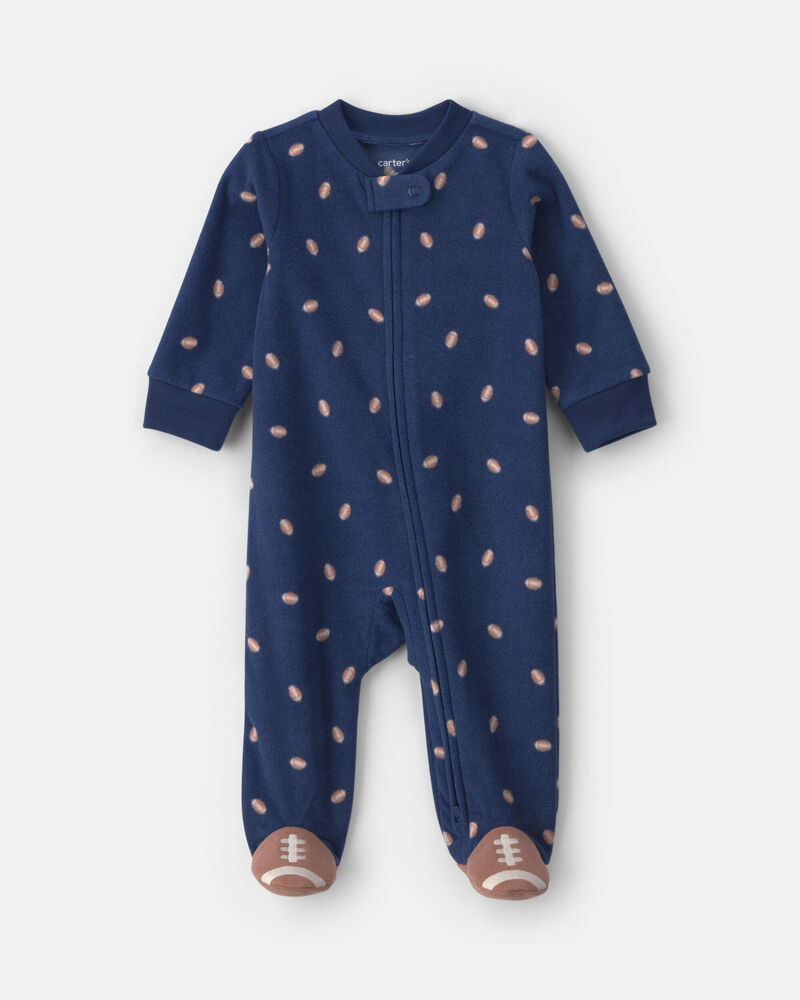 B&eacute;b&eacute; gar&ccedil;on - Grenouill&egrave;re en molleton &agrave; fermeture &agrave; glissi&egrave;re double sens et motif football &ndash; Bleu marine, image 1 sur 5 diapositives