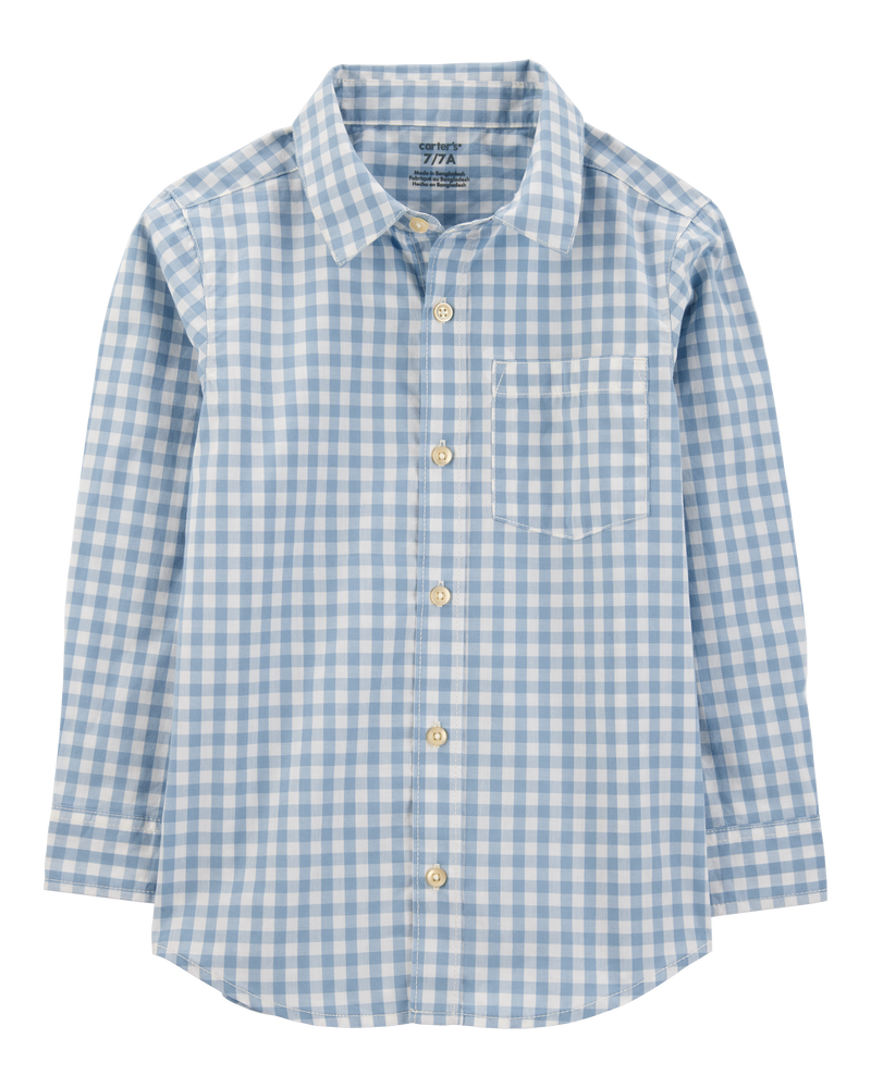 Kid Plaid Woven Long-Sleeve Button-Down Shirt - Blue, image 1 of 3 slides