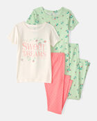 Girls Strawberry 100% Cotton Snug Fit 4-Piece Pyjama Set - Green/Pink, image 1 of 5 slides