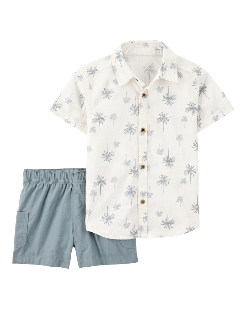 Baby 2-Piece Palm Tree Print Short Set - Ivory/Blue, image 1 of 4 slides