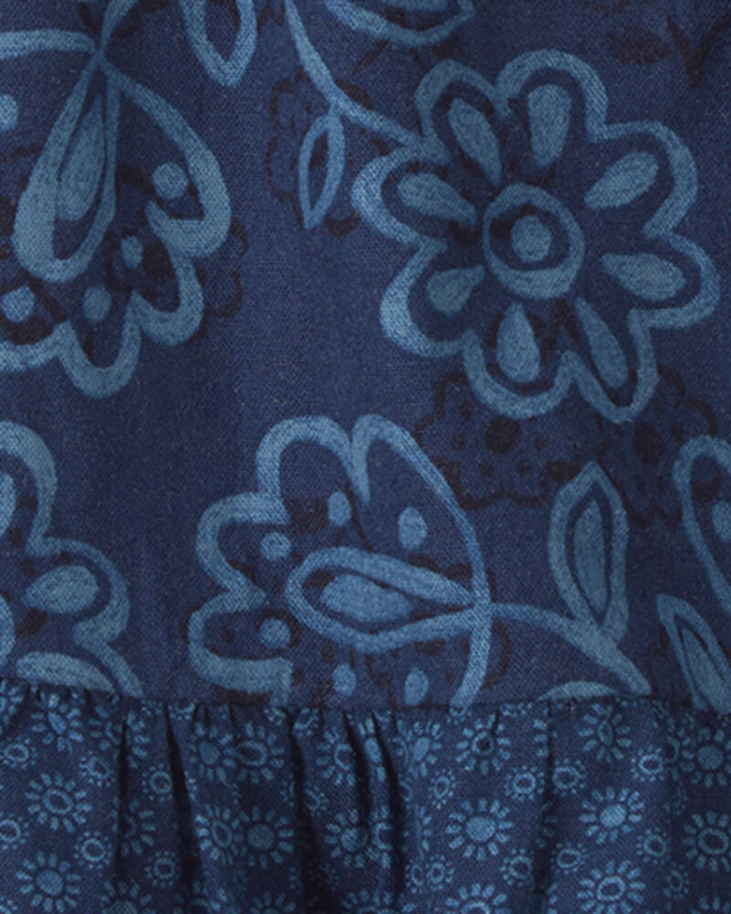 Baby Girl Floral Ruffle-Sleeve Linen Dress - Blue, image 4 of 5 slides