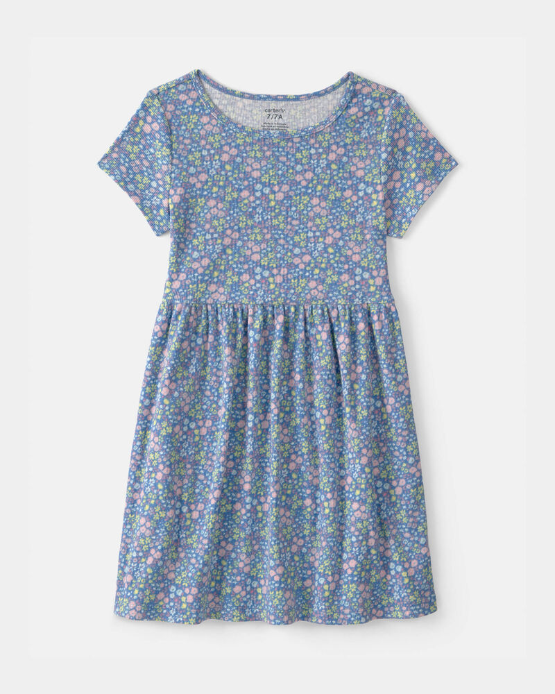 Girls Floral Rib Short-Sleeve Dress - Blue, image 1 of 4 slides