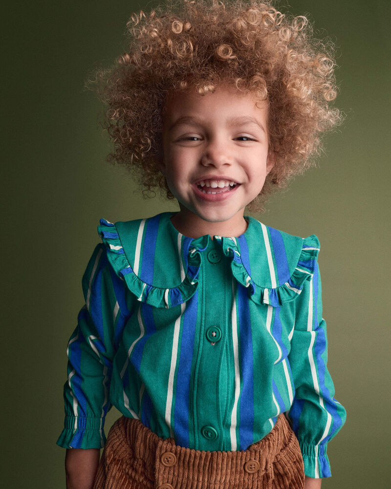 Toddler Girl Peter Pan Collar Top in Stripes - Green/Blue, image 1 of 6 slides