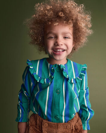 Toddler Girl Peter Pan Collar Top in Stripes - Green/Blue, 