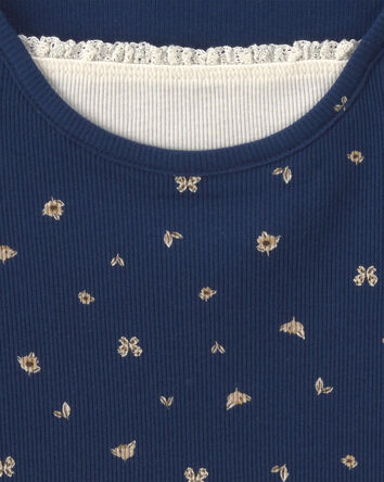 Girls Floral Long-Sleeve Top - Navy Blue, 