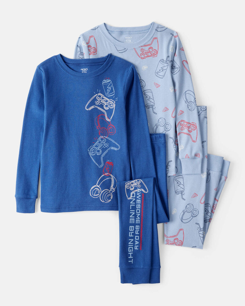 Boys Gaming Print 100% Cotton Long-Sleeve 4-Piece Pyjamas - Blue, image 1 of 4 slides