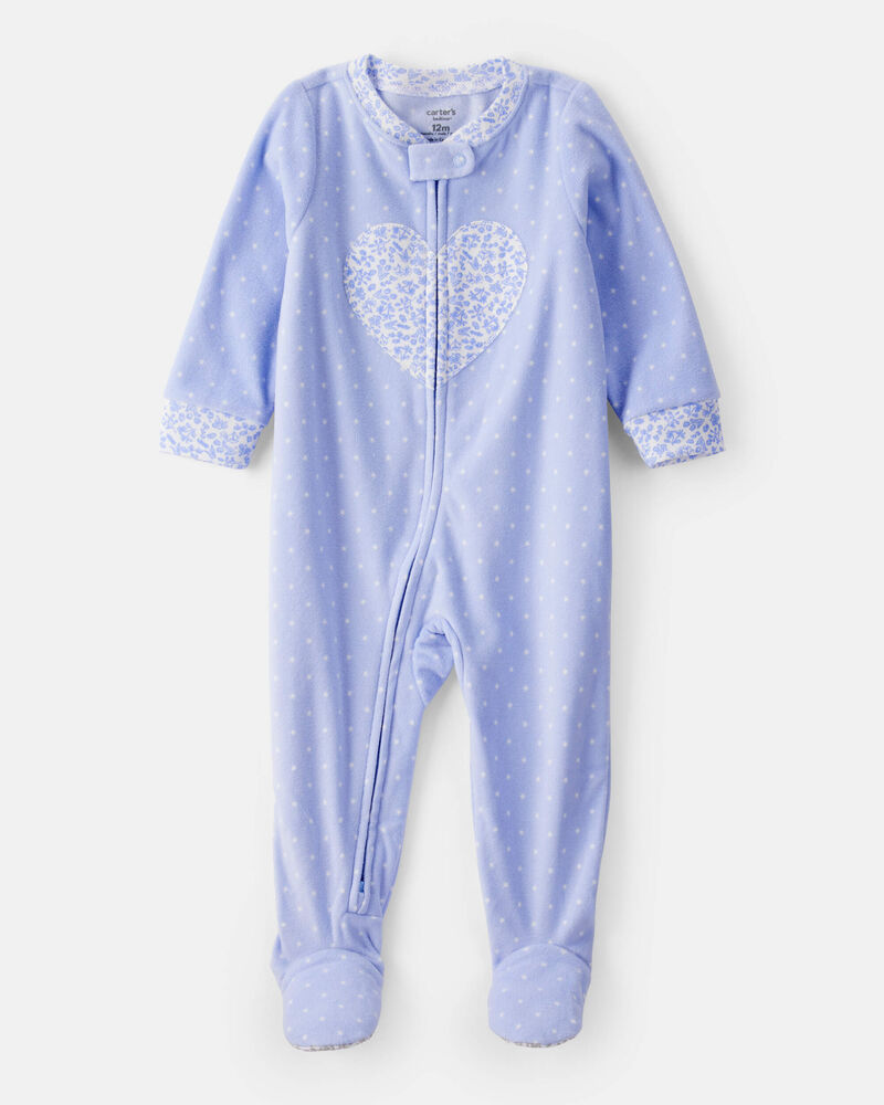 Baby Girl Heart Print Loose Fit Long-Sleeve 2-Way Zip 1-Piece pyjamas - Blue, image 1 of 5 slides