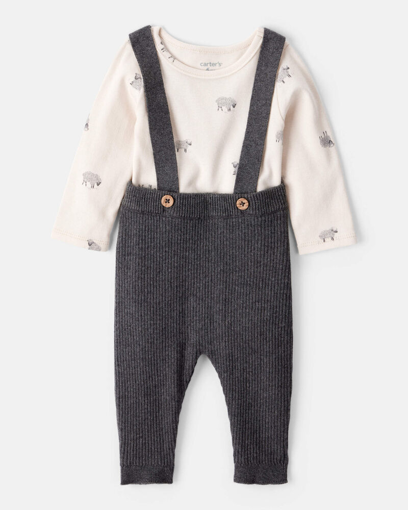 Baby Boy 2-Piece Sheep Print Cotton Long-Sleeve Overall Set - White/Grey, image 1 of 6 slides