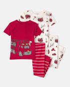 Baby Boy Firetruck Striped 100% Cotton Snug Fit 4-Piece Pyjama Set - Red/White, image 1 of 4 slides