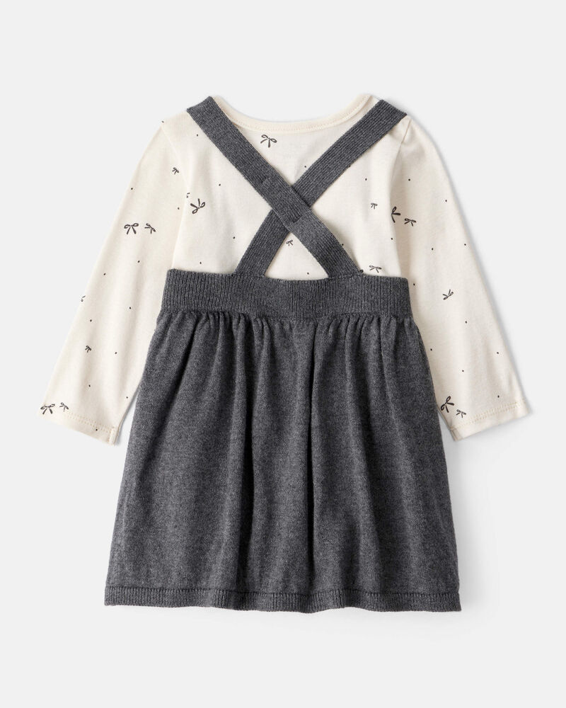 Baby Girl Bow Print Cotton Long-Sleeve Dress Set - White/Grey, image 2 of 7 slides