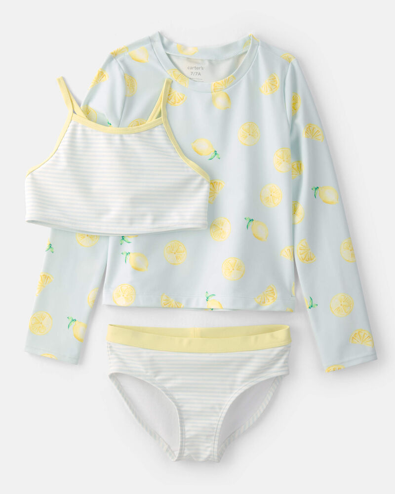 Girls 3-Piece Lemon Striped Rashguard Swimsuit Set - Blue, image 1 of 6 slides