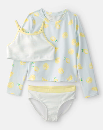 Girls 3-Piece Lemon Striped Rashguard Swimsuit Set - Blue, 