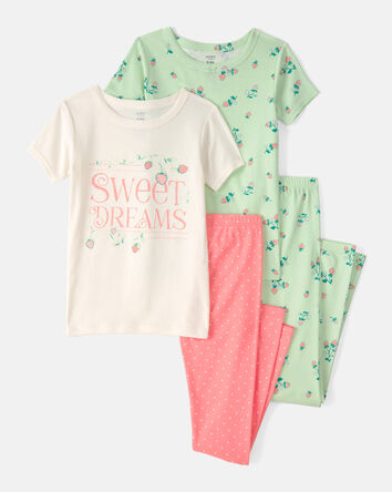 Girls Strawberry 100% Cotton Snug Fit 4-Piece Pajama Set - Green/Pink, 